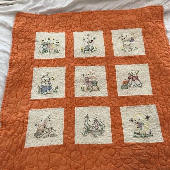 Vintage Baby Quilt Blocks Orange Embroidered Animals Sz 41"x41" #700 - Picture 1 of 5